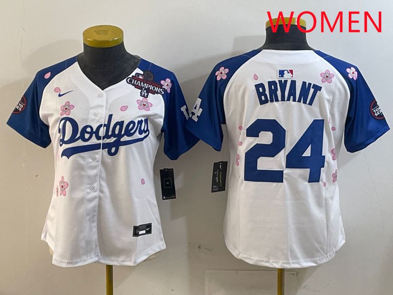 Women Los Angeles Dodgers #24 Bryant White Blue Sakura Edition 2025 Nike MLB Jersey style 2